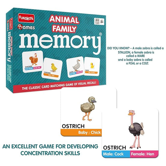 Funskool Games Memory Animal Family, Educational matching picture game for children, kids & family, 1 - 4 players, Ages 5 and above