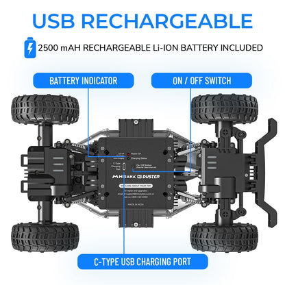 Mirana Duster 4WD 4x4 RC Car | High Speed ATV Remote Control Rock Crawler | C-Type USB Rechargeable Offroad Monster Truck | Spring Suspensions | Fun Outdoor Toy for Kids (4 Wheel Drive, Silver)
