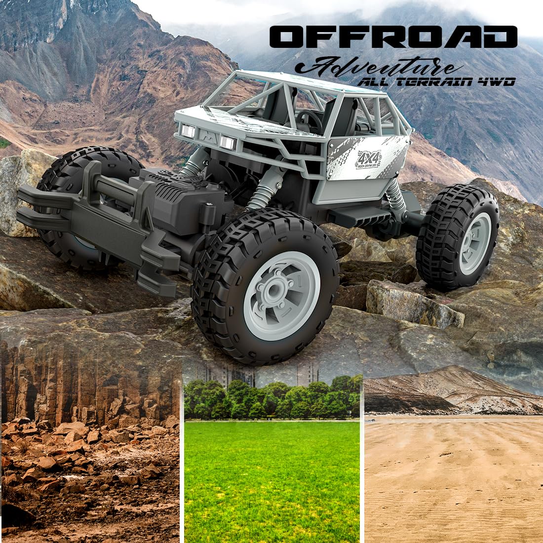 Mirana Duster 4WD 4x4 RC Car | High Speed ATV Remote Control Rock Crawler | C-Type USB Rechargeable Offroad Monster Truck | Spring Suspensions | Fun Outdoor Toy for Kids (4 Wheel Drive, Silver)