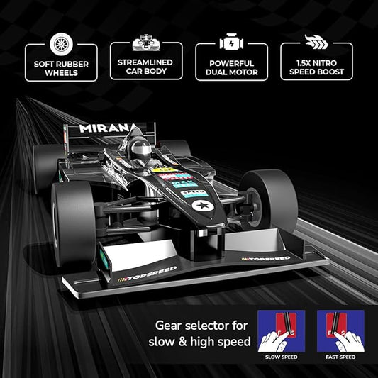 Mirana Super Car | USB Rechargable Type-C | in-Built Bluetooth Speaker | 1:12 Size High-Speed Racing Dual Motor RC Car | Long Range Remote & App Controlled Toy for Kids 4+ 5+ 6+ Years (Black)