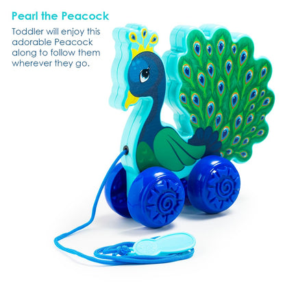 Ratna's Pearl The Peacock Pull Along Toy, Encourages Walking, Rattling Sound, 12 Months & Above, Infant and Preschool Toys