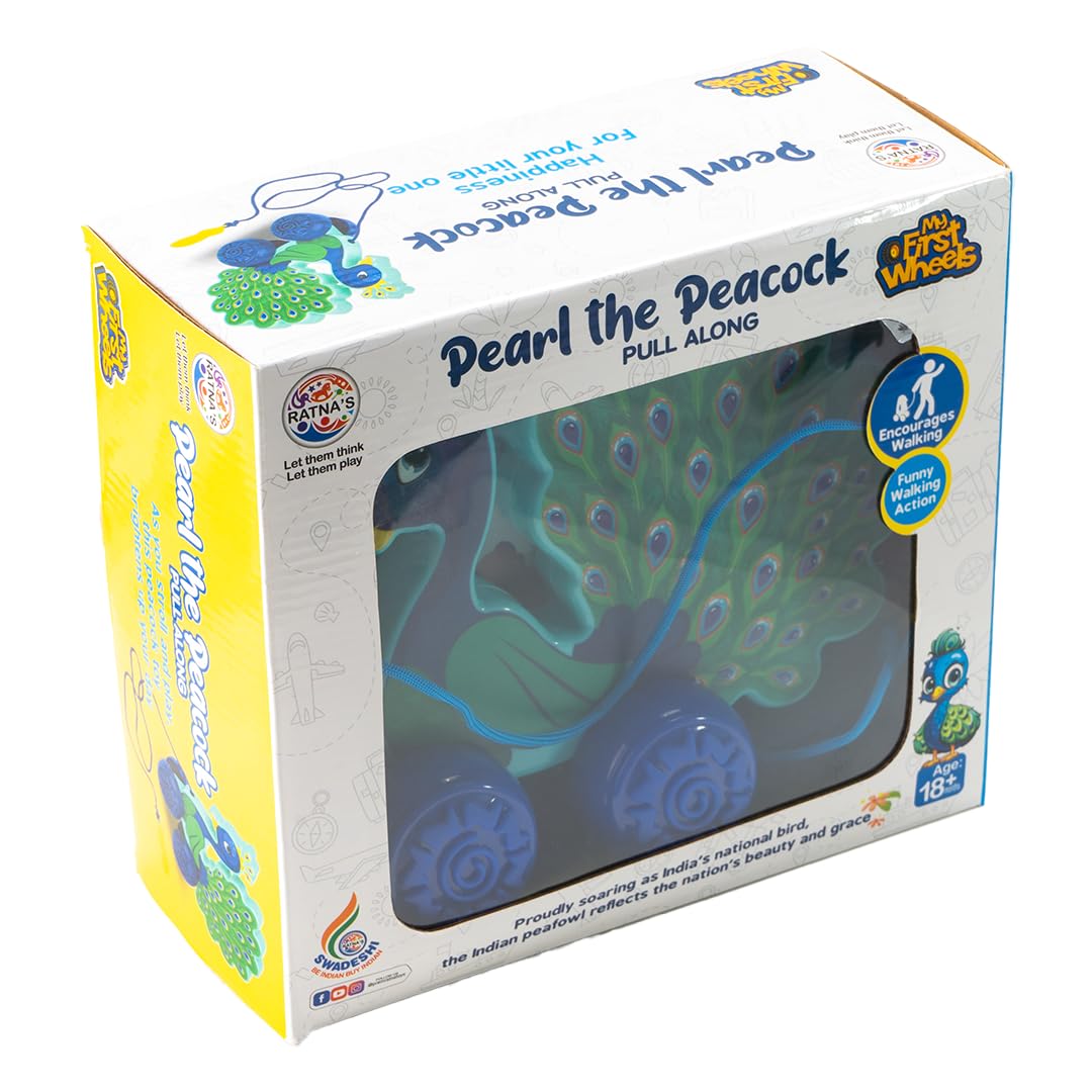 Ratna's Pearl The Peacock Pull Along Toy, Encourages Walking, Rattling Sound, 12 Months & Above, Infant and Preschool Toys