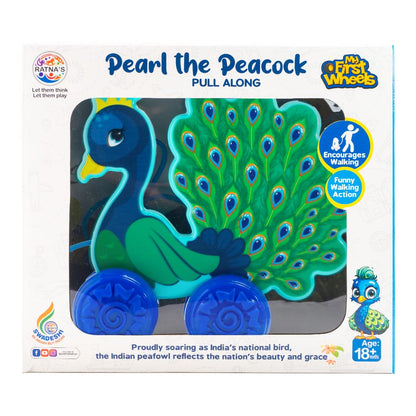 Ratna's Pearl The Peacock Pull Along Toy, Encourages Walking, Rattling Sound, 12 Months & Above, Infant and Preschool Toys