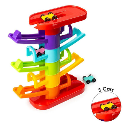 Ratna's 3 in 1 Thunder Racer Track Car Ramp 5 Layer Ball Drop & Roll Swirling Tower Toys for Baby and Toddler | Stack, Drop & Go Ramp Toy Set Includes 3 Cars, 3 Sliders & 1 Ball