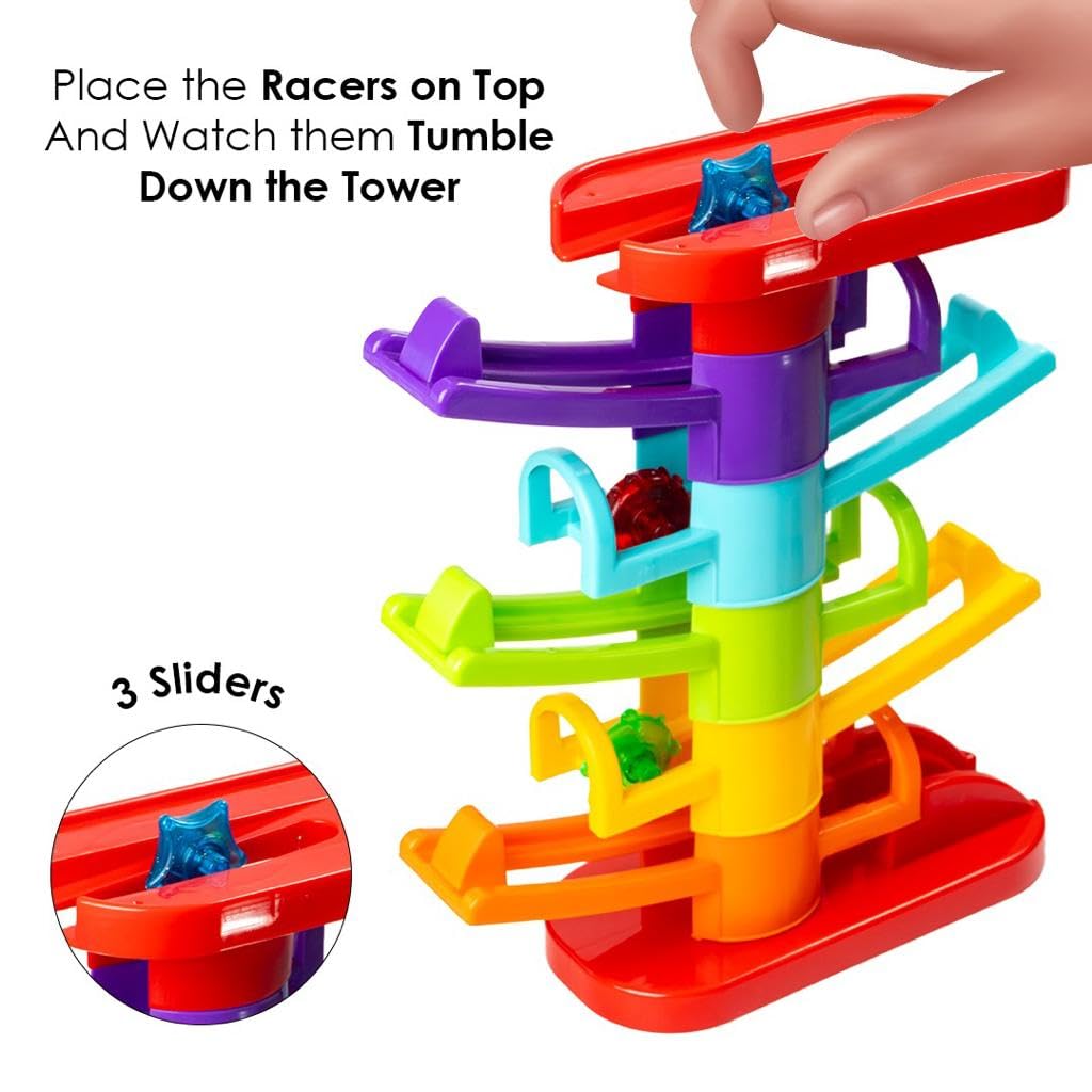 Ratna's 3 in 1 Thunder Racer Track Car Ramp 5 Layer Ball Drop & Roll Swirling Tower Toys for Baby and Toddler | Stack, Drop & Go Ramp Toy Set Includes 3 Cars, 3 Sliders & 1 Ball