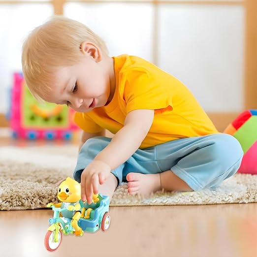 KEENBEY Cartoon Cute Duck Tricycle Toy, Funny Duck Auto Rickshaw Toy, Tricycle Toy with Music and 3D Flashing Lights, Bump and Go Musical Tricycle Toys for Kids (Multi Color)