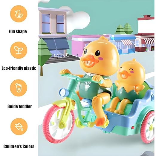 KEENBEY Cartoon Cute Duck Tricycle Toy, Funny Duck Auto Rickshaw Toy, Tricycle Toy with Music and 3D Flashing Lights, Bump and Go Musical Tricycle Toys for Kids (Multi Color)
