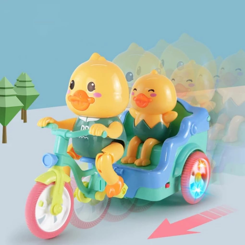 KEENBEY Cartoon Cute Duck Tricycle Toy, Funny Duck Auto Rickshaw Toy, Tricycle Toy with Music and 3D Flashing Lights, Bump and Go Musical Tricycle Toys for Kids (Multi Color)