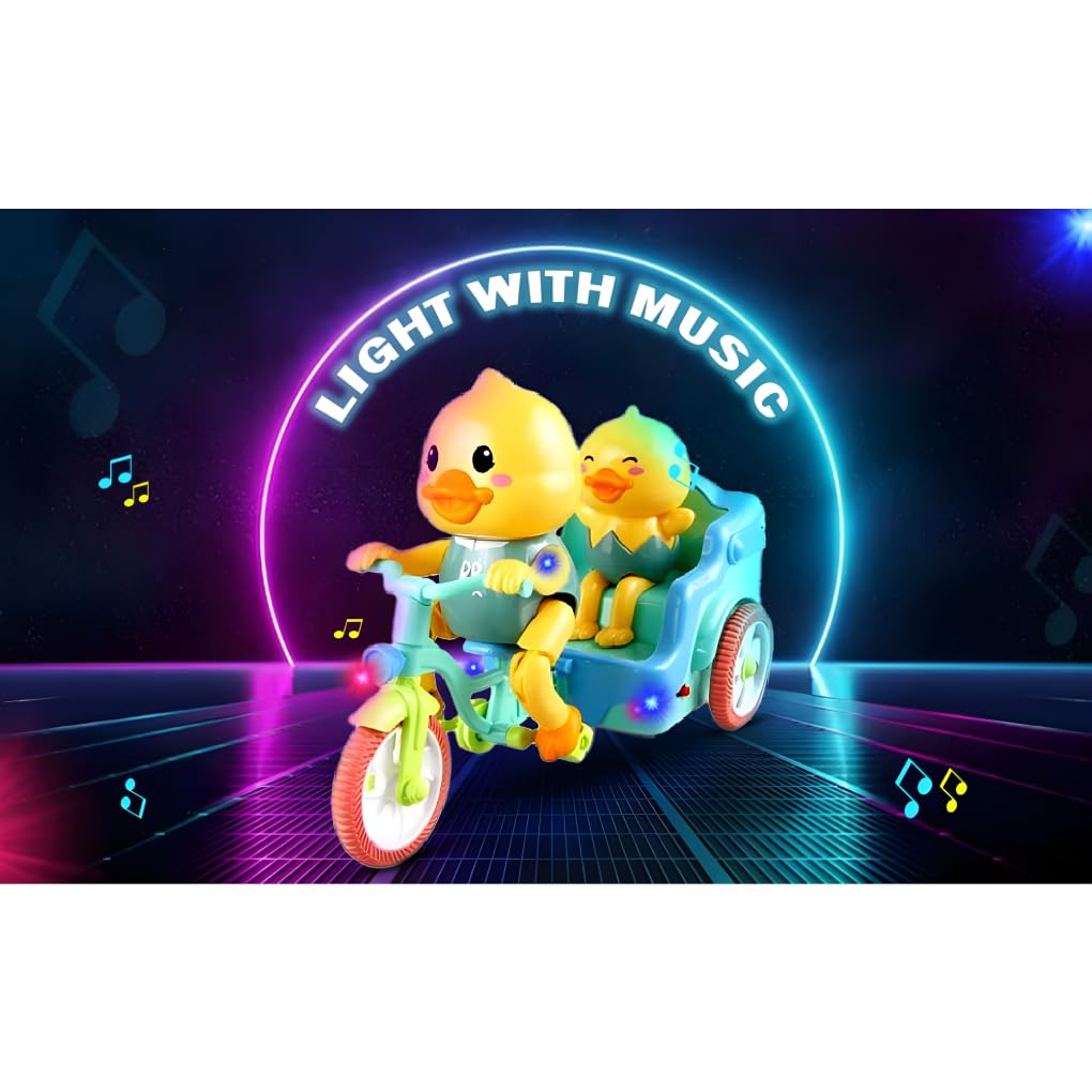 KEENBEY Cartoon Cute Duck Tricycle Toy, Funny Duck Auto Rickshaw Toy, Tricycle Toy with Music and 3D Flashing Lights, Bump and Go Musical Tricycle Toys for Kids (Multi Color)