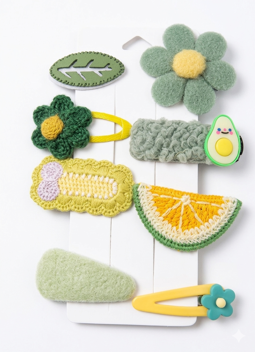 Cute Crochet and Felt Hair Clips Set 8 Pieces