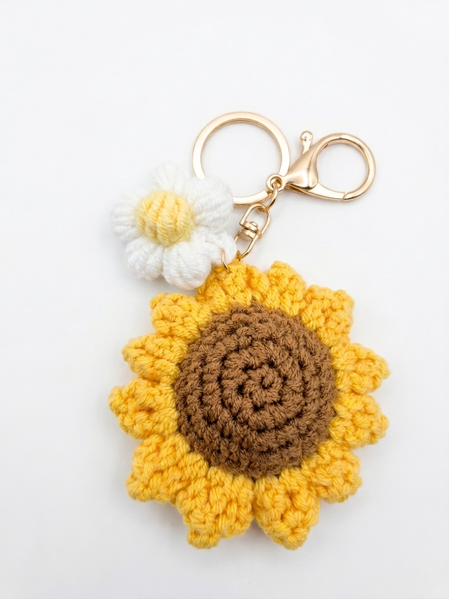 Handmade Sunflower Crochet Keychain with Daisy Charm