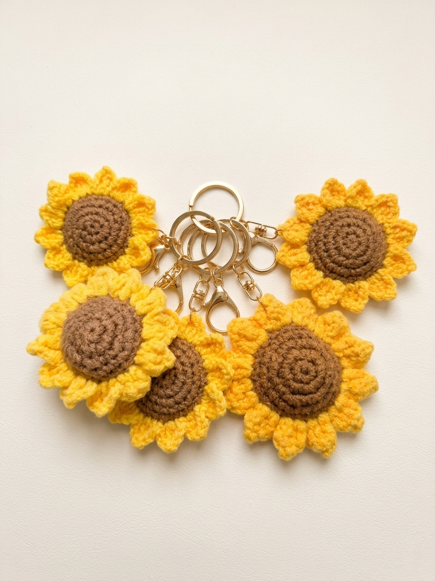 Handmade Sunflower Crochet Keychain with Daisy Charm