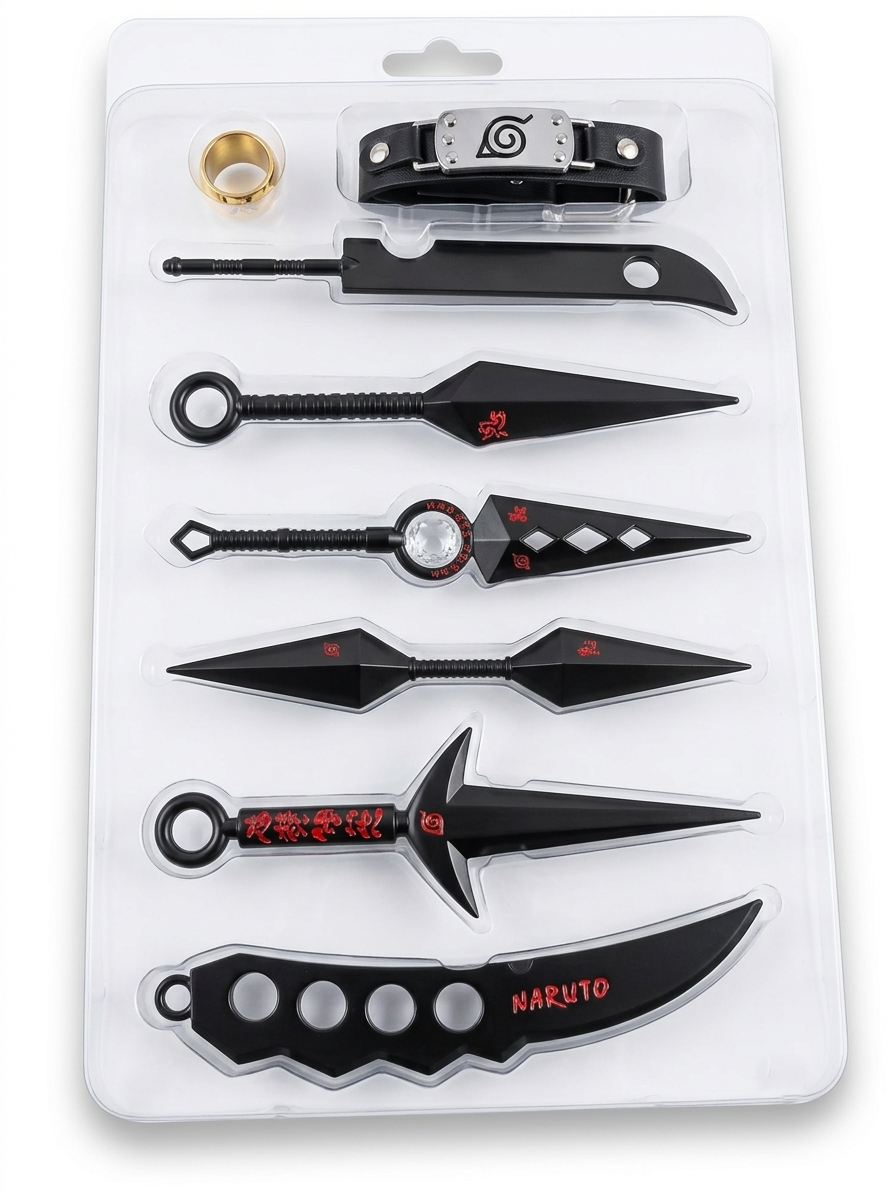 Naruto Kunai Collectible Set of 6 with Konoha Ring and Bracelet