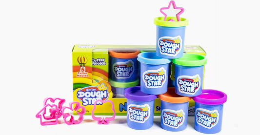 SKOODLE Dough Star Gala Pack 300gm, 5 Cutter Moulds & 6 Neon Shades of Non-Toxic Modelling Clay Dough for Kids, Creative Art & Craft Gift for Children 3 Years and Up