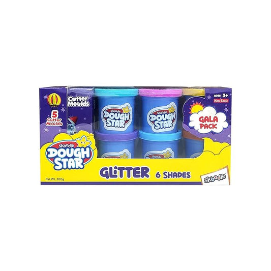 SKOODLE Glitter Dough Star Gala Pack 300gm, 5 Cutter Moulds & 6 Neon Shades of Non-Toxic Modelling Clay Dough for Kids, Creative Art & Craft Gift for Children 3 Years and Up