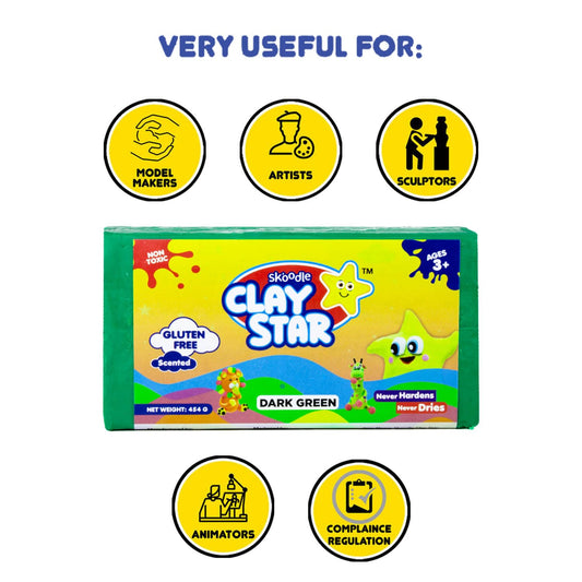 Skoodle Clay Star, Dark Green Bar (454gm) for Modelling & Sculpting, Scented Non-Toxic Clay for 3+ Years, Gift for Kids