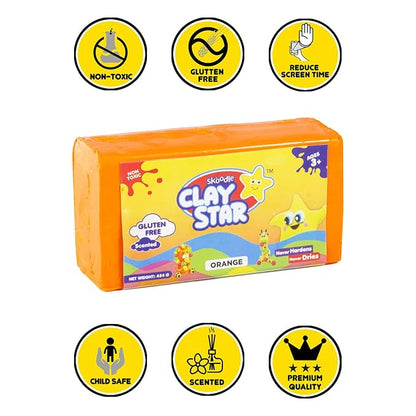Skoodle Clay Star, Orange Clay Bar (454gm), for Modelling & Sculpting, Scented Clay, Non-Toxic, for 3+ Years, Gift for Kids