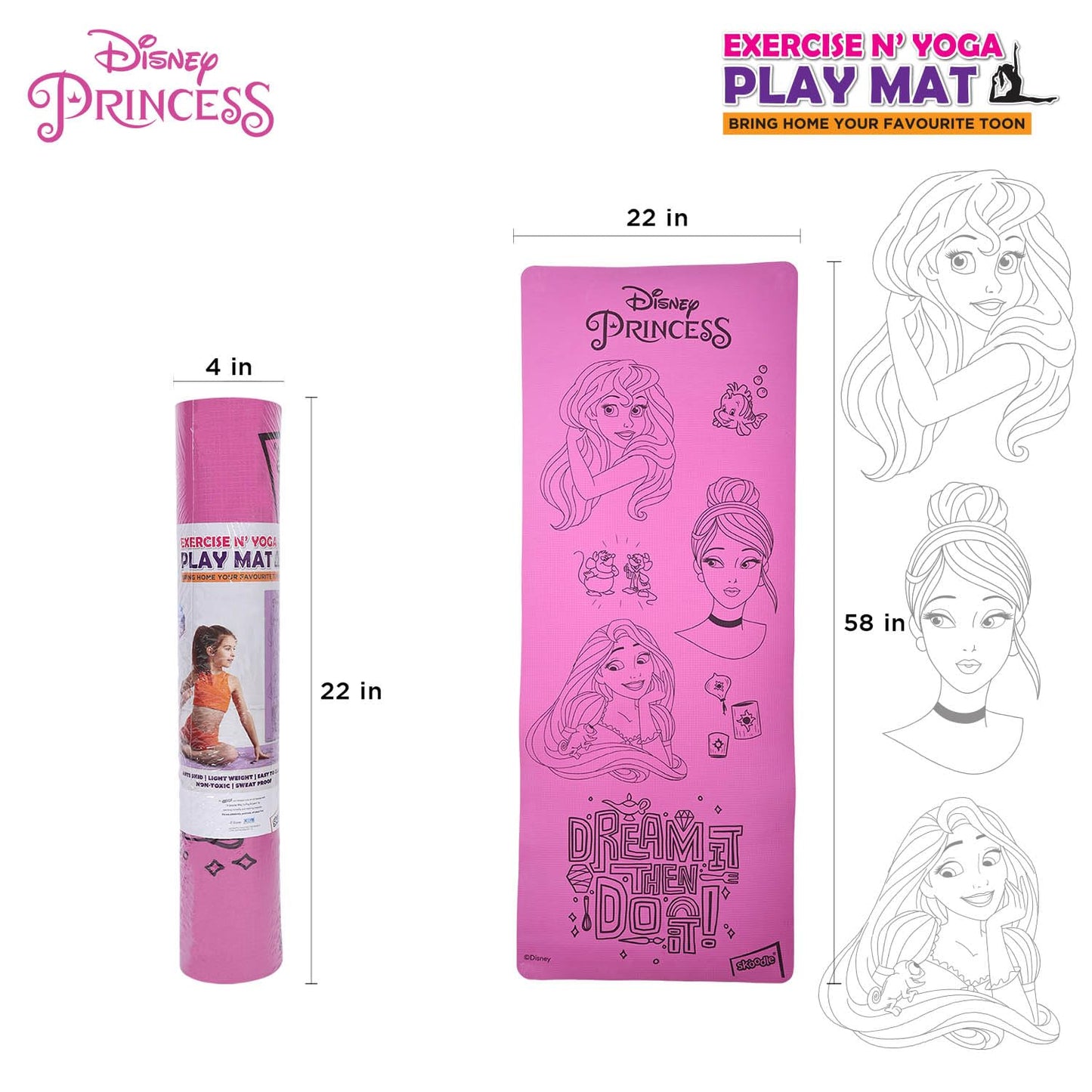 SKOODLE Disney Princess Kids Yoga Mat Anti-Skid, Washable & Non-Toxic Durable & Portable (22x58) inches Travel Friendly Carrying Strap Varied Colors Ages 3+