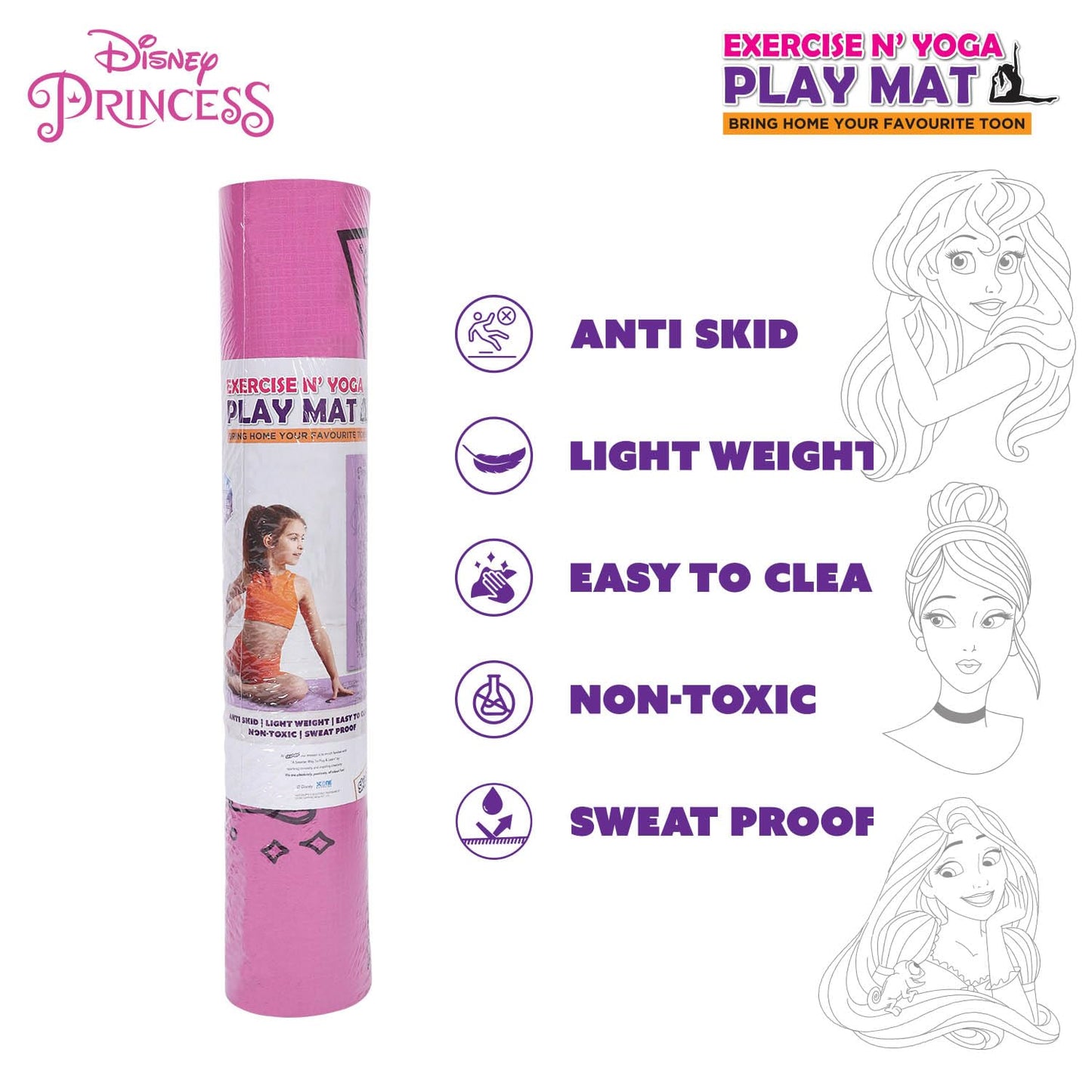 SKOODLE Disney Princess Kids Yoga Mat Anti-Skid, Washable & Non-Toxic Durable & Portable (22x58) inches Travel Friendly Carrying Strap Varied Colors Ages 3+