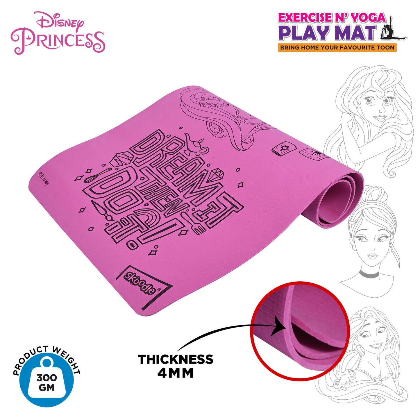 SKOODLE Disney Princess Kids Yoga Mat Anti-Skid, Washable & Non-Toxic Durable & Portable (22x58) inches Travel Friendly Carrying Strap Varied Colors Ages 3+