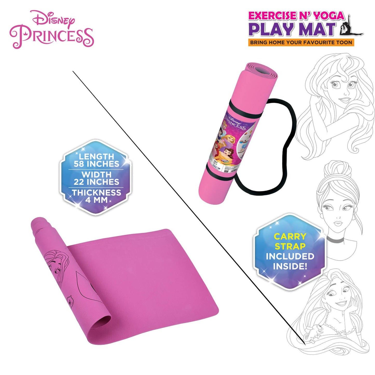 SKOODLE Disney Princess Kids Yoga Mat Anti-Skid, Washable & Non-Toxic Durable & Portable (22x58) inches Travel Friendly Carrying Strap Varied Colors Ages 3+