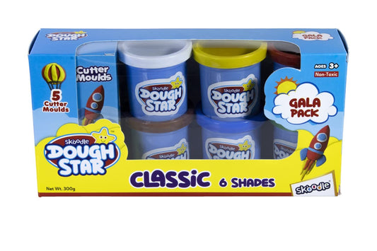 SKOODLE Dough Star Classic Gala Pack, 5 Cutter Moulds & 6 Multicolor of Non-Toxic Modelling Clay Dough for Kids, Creative Art & Craft Gift for Children 3 Years and Up