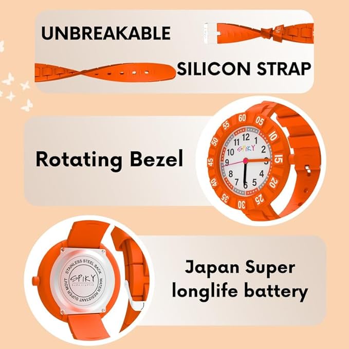SPIKY Round Stylish Analog Watch for Kids | Rotating Bezel, Separate Minutes Display | 30M Water Resistant | Textured & Soft Silicone Strap | Best Birthday Gift Wrist Watches for Boys & Girls | Age 2-12 yrs