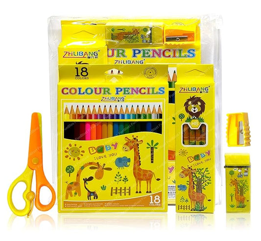 FunBlast Stationary Set for Kids – Drawing Color Set with 18 Pencil Colour, 6 Pencils, Drawing Sheets, Scissor, Sharpener & Eraser for School Going Kids, Girls & Boys (Yellow)