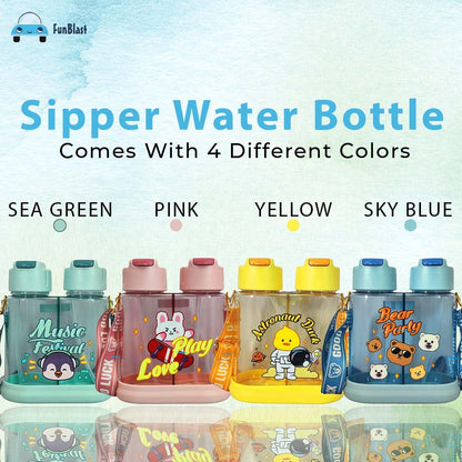 FunBlast Water Bottler For Kids- Dual Partition Kids Water Bottle with Straw and Strap, Cute Animal Design Water Bottle with Straw - 640 ML - Astronaut Duck