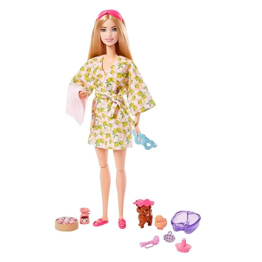Barbie Doll, Kids Toys, Blonde Doll with Pet Puppy, Sets, Spa Day, Lemon Print Bathrobe, Headband and Eye Mask, Self-Care Series