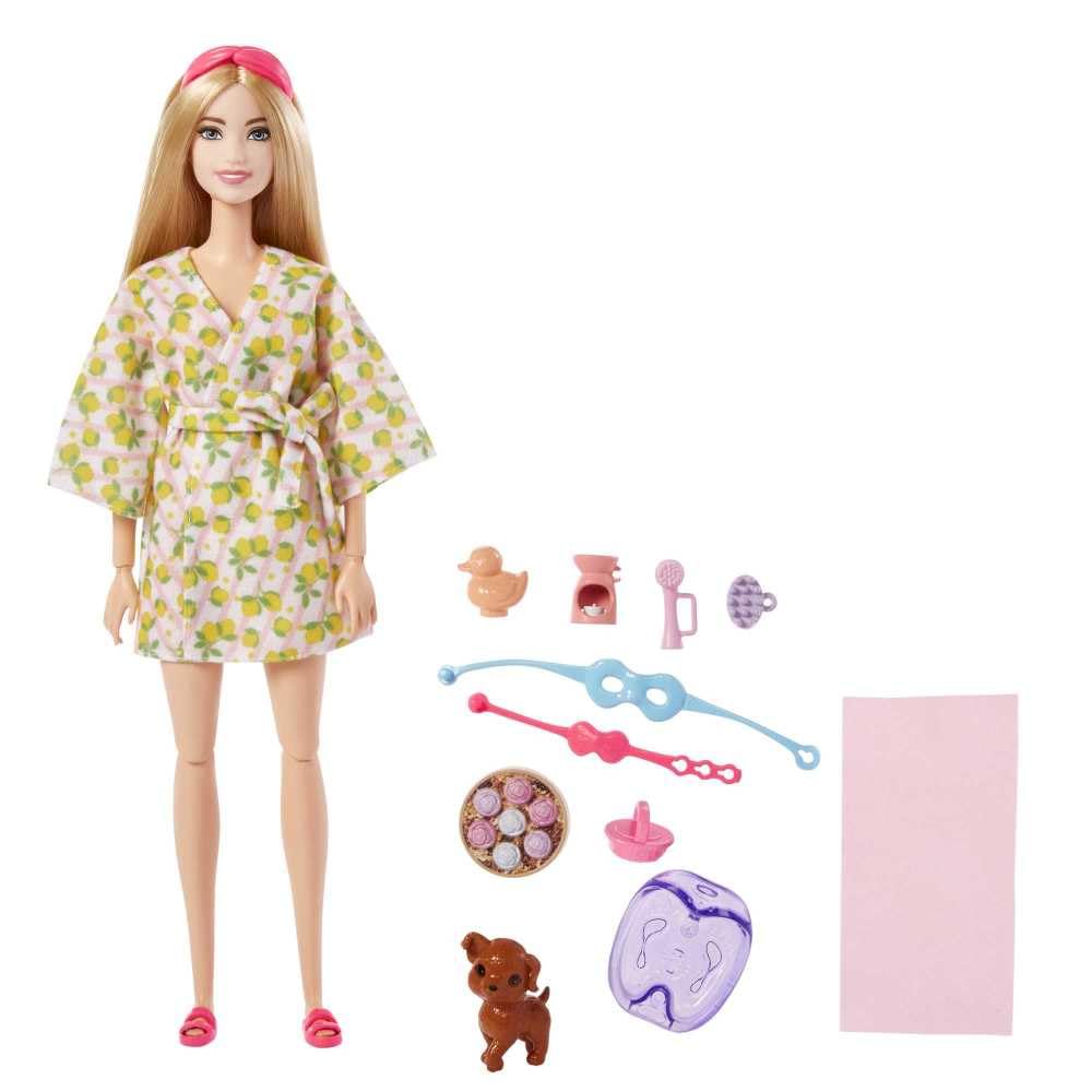 Barbie Doll, Kids Toys, Blonde Doll with Pet Puppy, Sets, Spa Day, Lemon Print Bathrobe, Headband and Eye Mask, Self-Care Series
