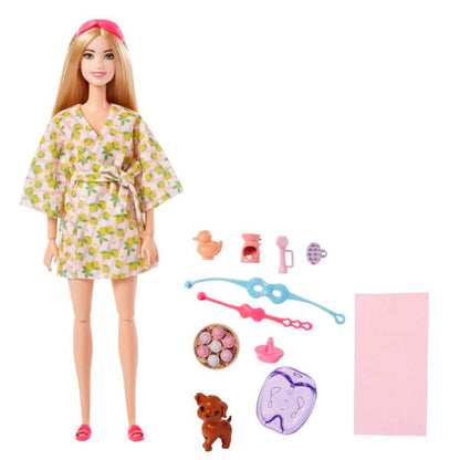 Barbie Doll, Kids Toys, Blonde Doll with Pet Puppy, Sets, Spa Day, Lemon Print Bathrobe, Headband and Eye Mask, Self-Care Series