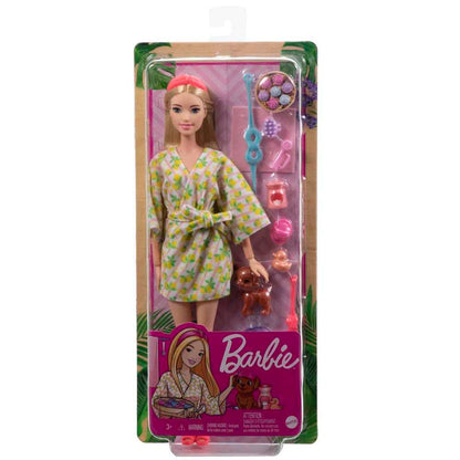 Barbie Doll, Kids Toys, Blonde Doll with Pet Puppy, Sets, Spa Day, Lemon Print Bathrobe, Headband and Eye Mask, Self-Care Series